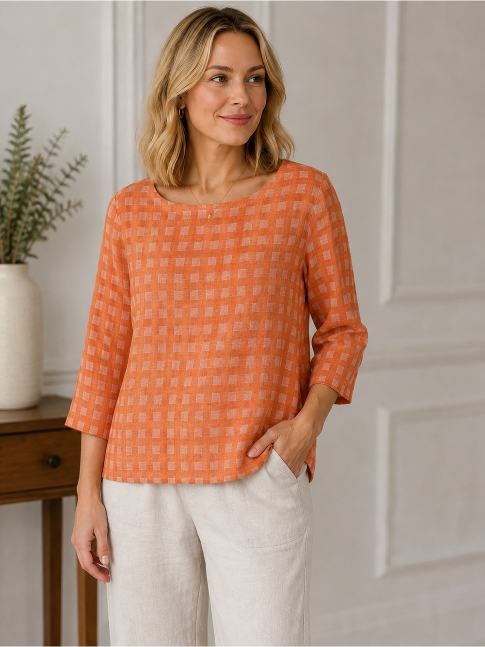 Sigrid Olsen 100% Linen Orange Check Blouse Size M